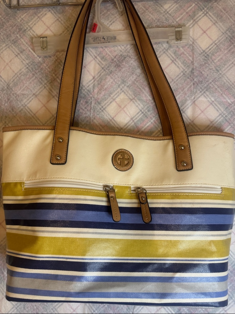 Giani Bernini Cream, Yellow and Blue Striped Tote